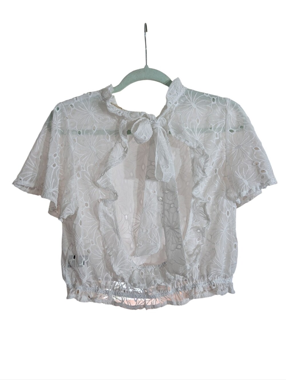 Altar'd State White Floral Eyelet Ruffle Tie-Back Crop Blouse | Cottagecore Boho - Picture 7 of 12